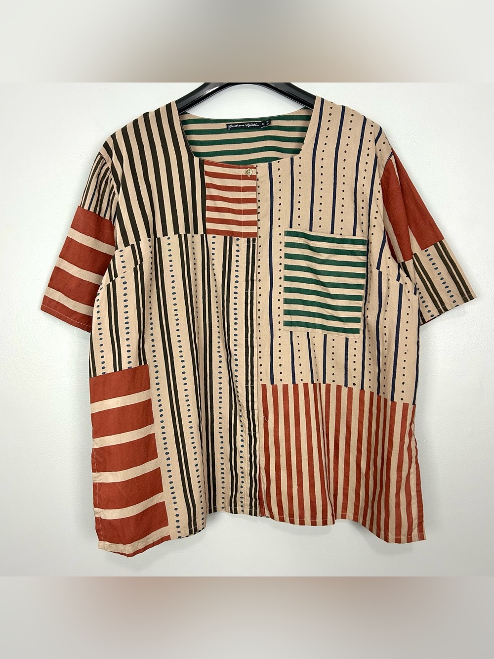 Gudrun Sjoden Patchwork Stripe Tunic Top Women’s Size XL Button Front Art Boho